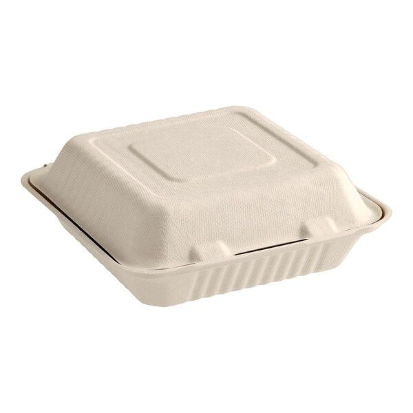 9&quot; x 9&quot; x 3&quot; No PFAS Added Natural Bagasse Blend Take-Out Container - 50/Pack