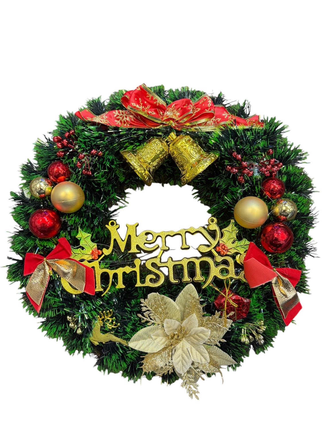 15&quot; Christmas Wreath with Bells &amp; Bows – &quot;Merry Christmas&quot; Gold Plastic Phrase