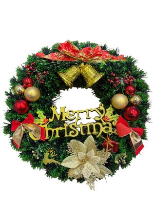 15&quot; Christmas Wreath with Bells &amp; Bows – &quot;Merry Christmas&quot; Gold Plastic Phrase