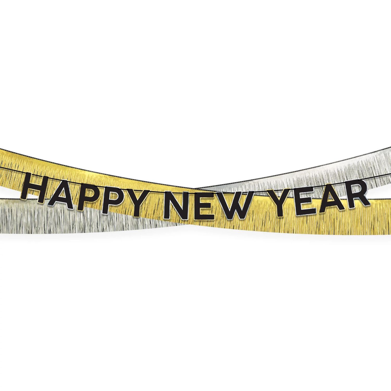 Black, Silver &amp; Gold Happy New Year Cardstock &amp; Tinsel Banner Set, 3pc