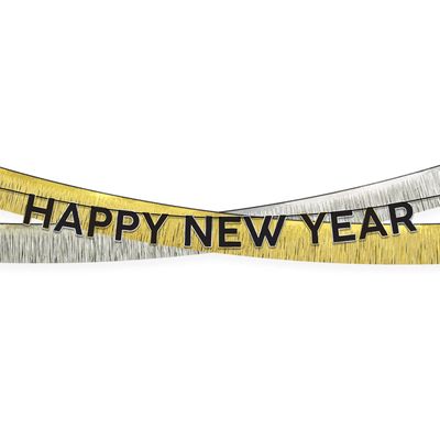 Black, Silver &amp; Gold Happy New Year Cardstock &amp; Tinsel Banner Set, 3pc
