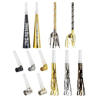 Black, Gold & Silver New Year's Eve Party Horns & Blowouts 50pc Black, Gold & Silver New Year's Eve Party Horns & Blowouts 50pc