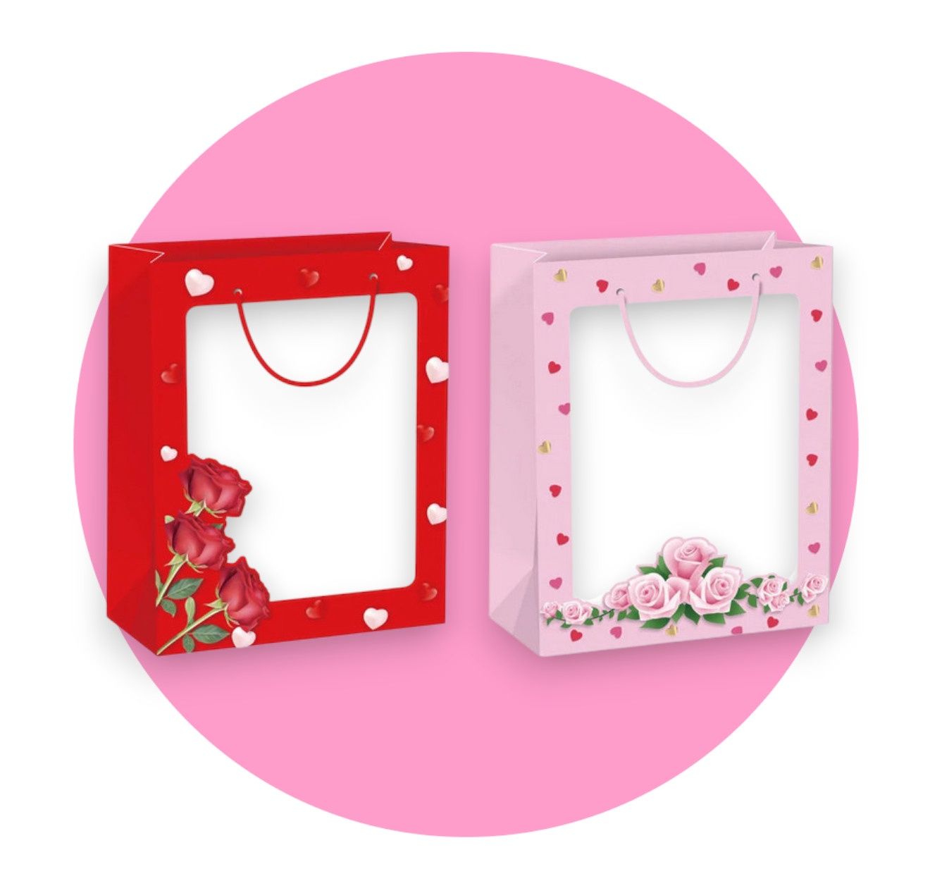 Heart &amp; Flower Print Gift Bag with Window – Assorted Colors and Designs, SIZE &amp; VARIETY: L