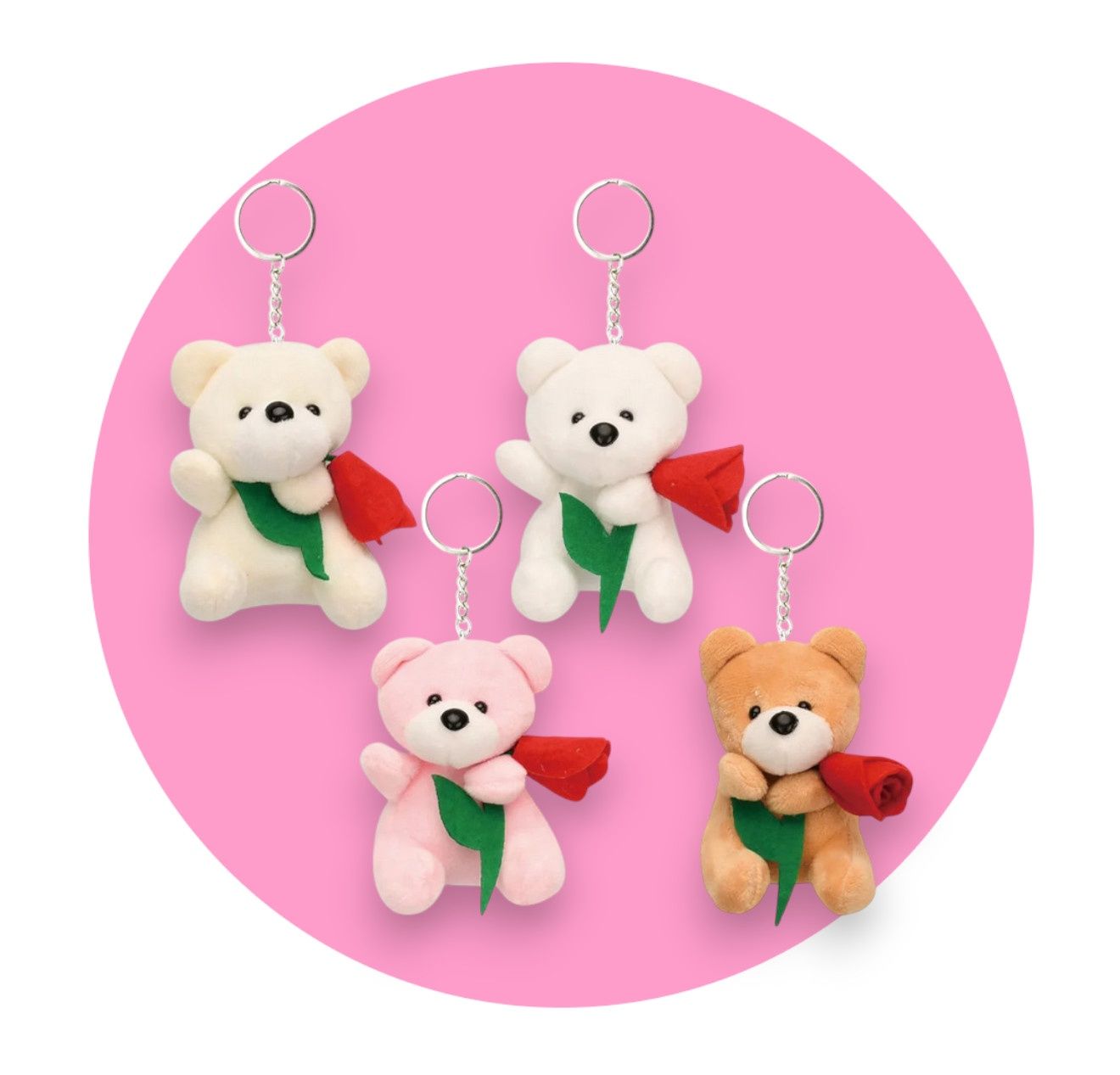 Teddy Bear Key Ring with Felt Rose – 4&quot; (Assorted Colors)