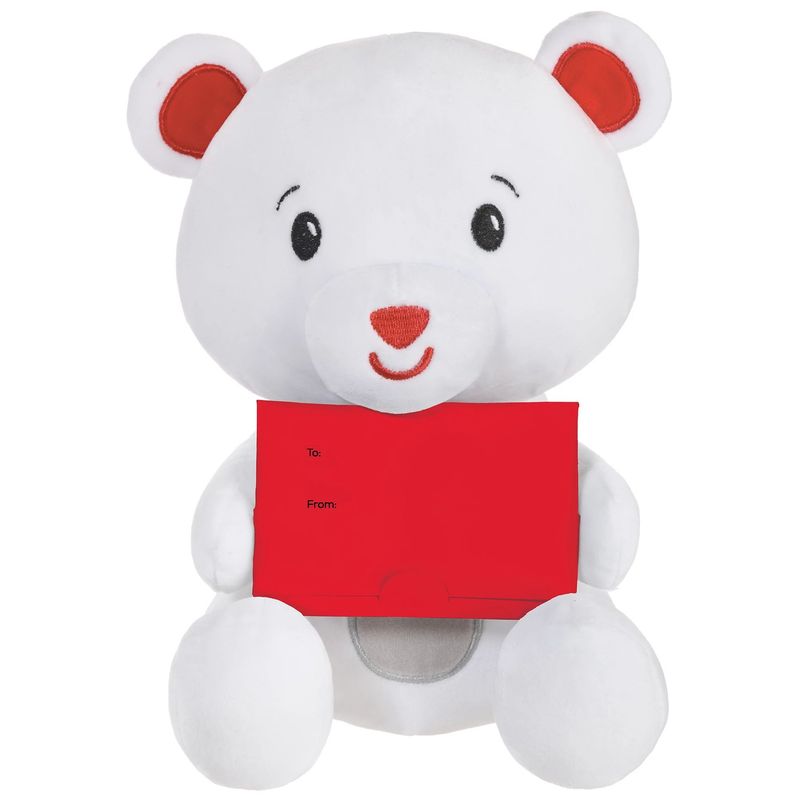 Plush Balloon Weight - White &amp; Red Bear with Gift Card Holder, 5.9oz