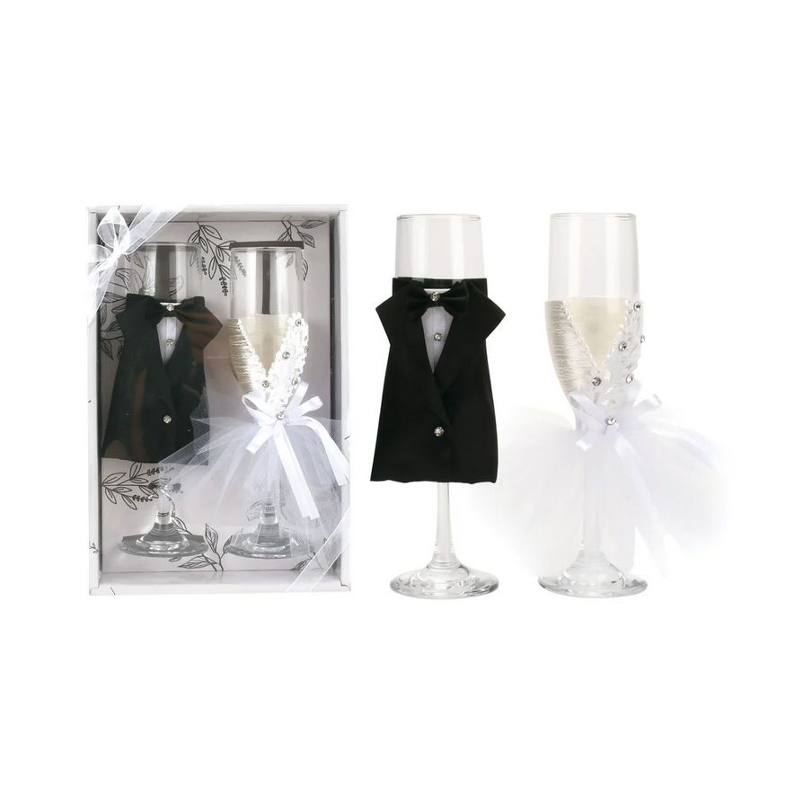 Champagne Glass with bride and groom covers 1.8&quot; x 9&quot; H