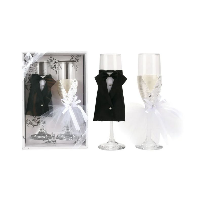 Champagne Glass with bride and groom covers 1.8&quot; x 9&quot; H