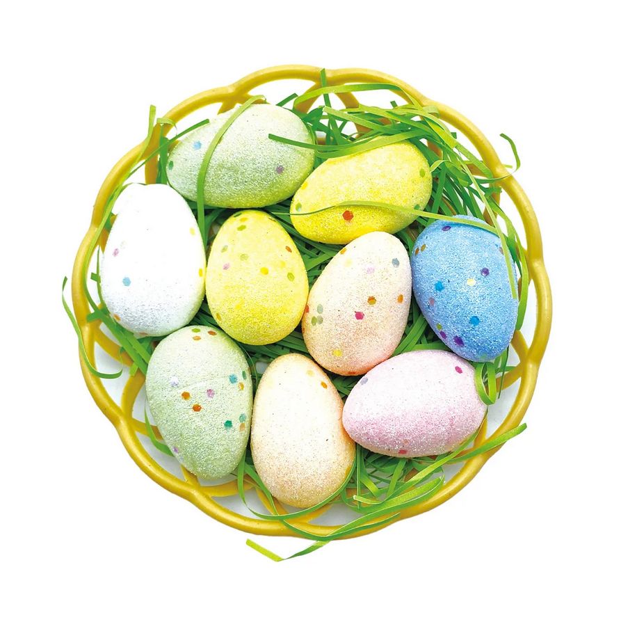9ct Easter Foam Eggs -1.2x2" (3x5cm) .with Plastic Wire  Basket 5.95" (15cm)
