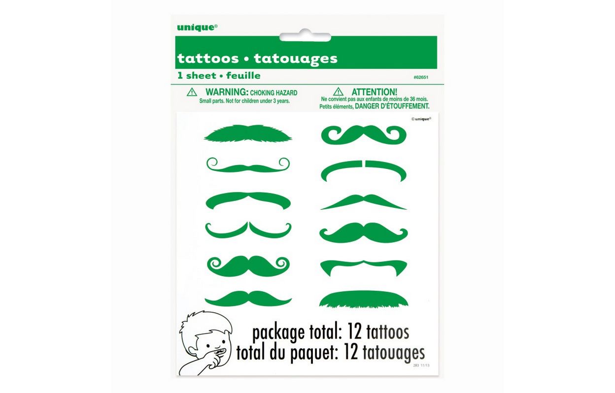 Green Mustache Finger Tattoos 12ct