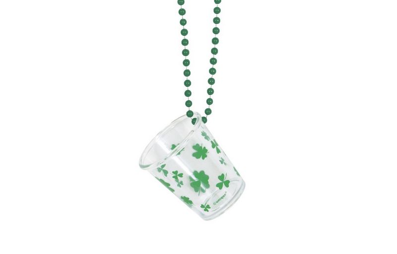 Green 32&quot; Bead Necklace with Shamrock Shot Glass