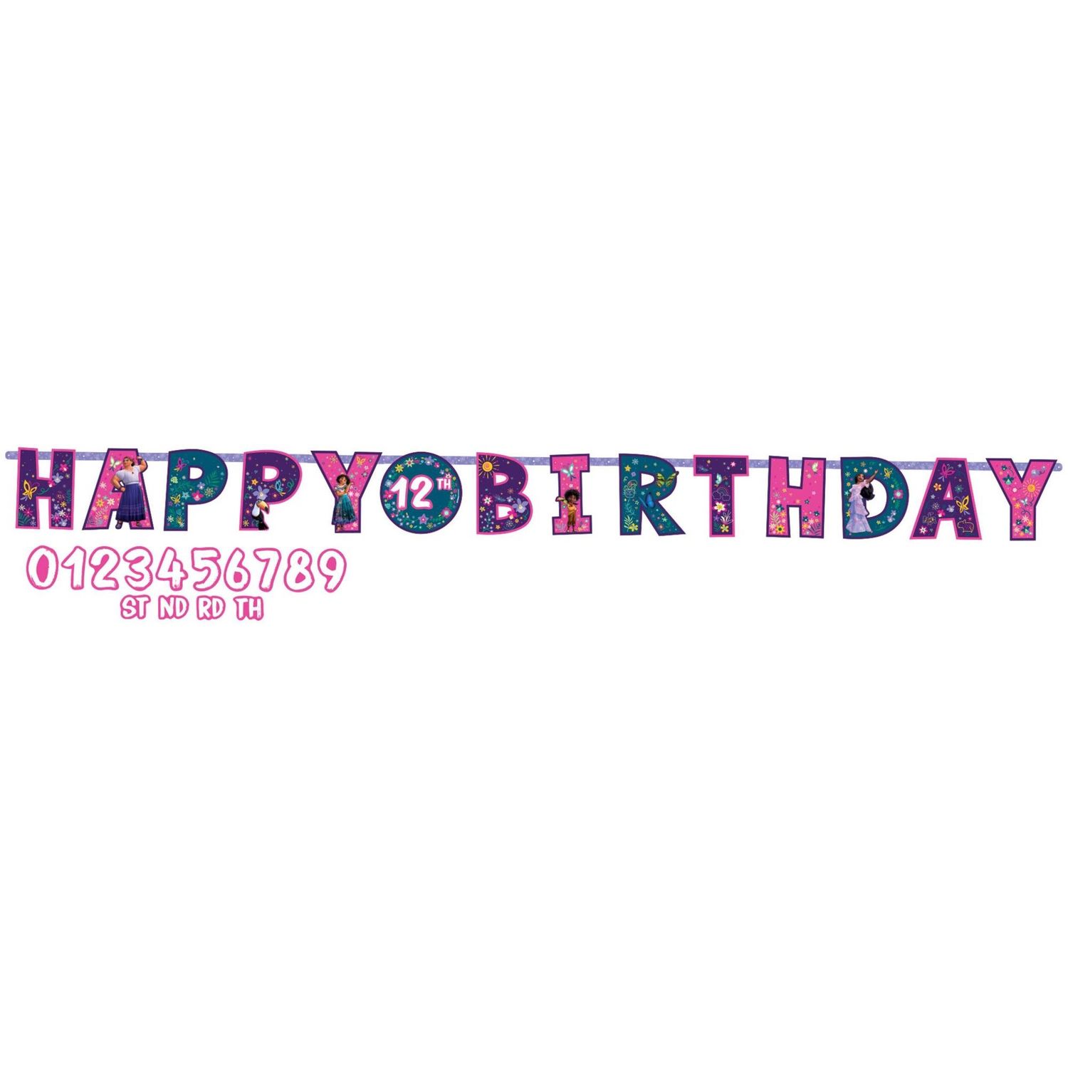 Disney Encanto &quot;Happy Birthday&quot; DIY Customizable Hanging Garland Banner Decoration, Purple/Pink, 10.5-ft