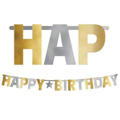 Giant Metallic Gold &amp; Silver Happy Birthday Banner -10 3/4ft long