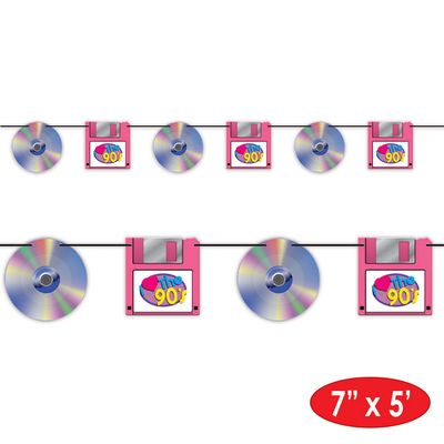 90's Retro CD &amp; Floppy Disk Garland – 7" x 5'