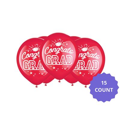 &quot;Congrats Grad&quot; Round Latex Balloons, Red, 12-in, 15-pk, for Graduation
