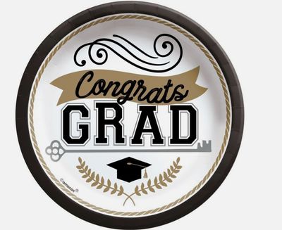Congrats Grad Paper Plates - 6.75 Inch (50 Count) - Black/Gold