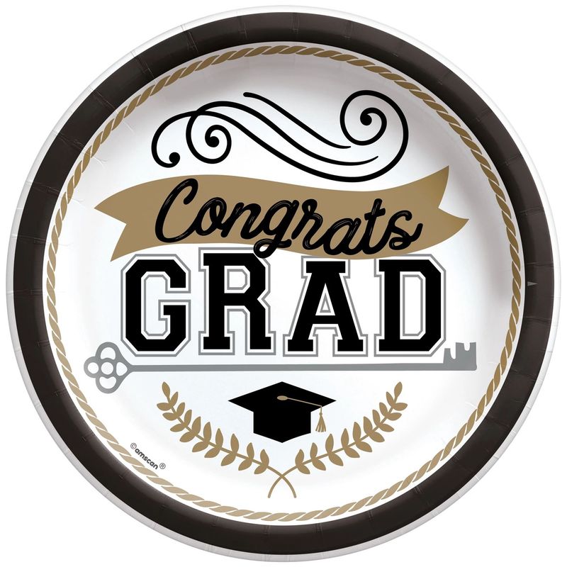 Congrats Grad Paper Plates - 8.5 Inch (50 Count) - Black/Gold