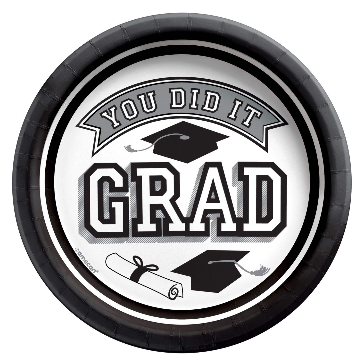 &quot;You Did It Grad&quot; Round Paper Disposable Dessert Plates, Black/White, 7-in, 20-pk