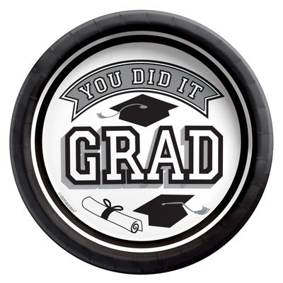 &quot;You Did It Grad&quot; Round Paper Disposable Dessert Plates, Black/White, 7-in, 20-pk