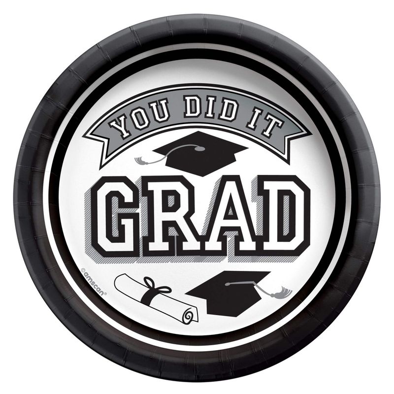 &quot;You Did It Grad&quot; Round Paper Disposable Dessert Plates, Black/White, 7-in, 20-pk