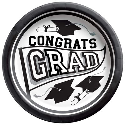 &quot;Congrats Grad&quot; Round Paper Disposable Lunch Plates, White, 8.5-in, 20-pk