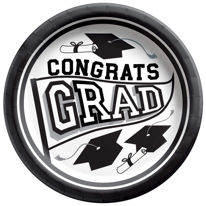 &quot;Congrats Grad&quot; Round Paper Disposable Lunch Plates, White, 8.5-in, 20-pk