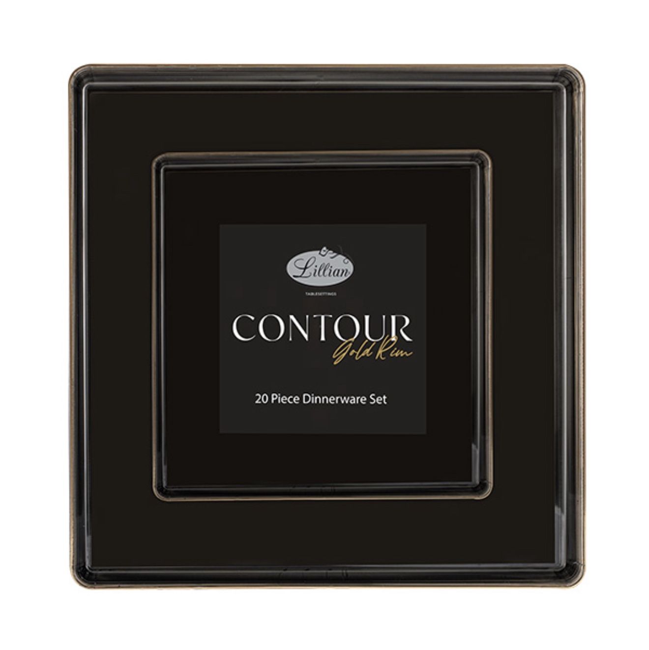 Contour Premium Square Combo Plates with Gold Rim - 20pcs Set, Color: Black