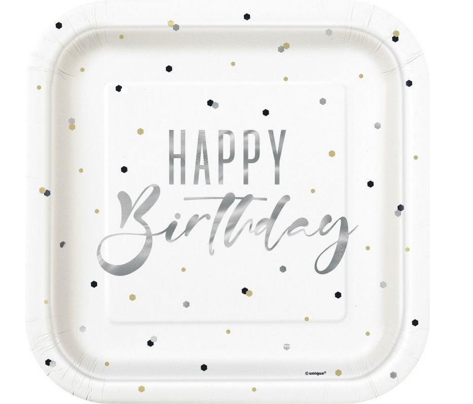 Silver Happy Birthday Square 9&quot; Dinner Plates 8ct - Foil Stamping