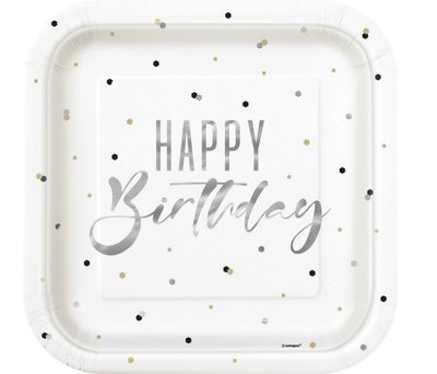 Silver Happy Birthday Square 9&quot; Dinner Plates 8ct - Foil Stamping