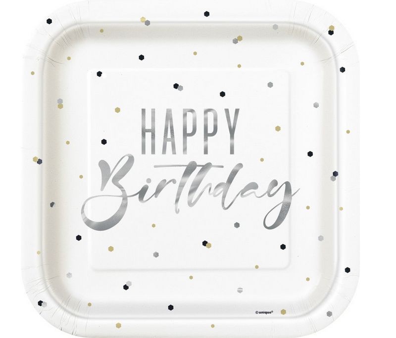 Silver Happy Birthday Square 9&quot; Dinner Plates 8ct - Foil Stamping