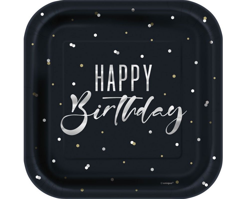 Silver Happy Birthday Square 7&quot; Dessert Plates 8ct - Foil Stamping