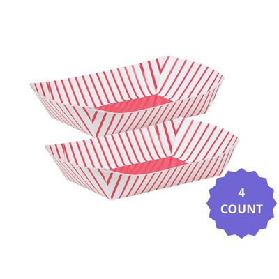 Red &amp; White Striped Paper Snack Trays – 4ct, 9.5&quot; x 6.5&quot;