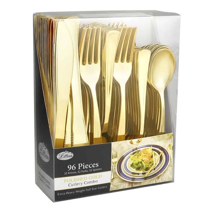 Gold Polished Metallic Premium Plastic Cutlery Combo 96pcs