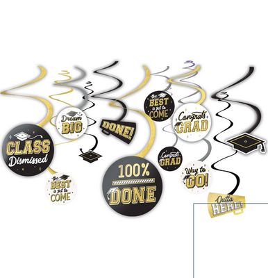 Gold &amp; Black Congrats Grad Swirl Decorations, 12pc
