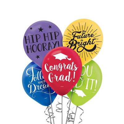 &quot;Congrats Grad&quot; Round Latex Balloons, Purple/Yellow/Red/Blue/Green, 12-in, 15-pk