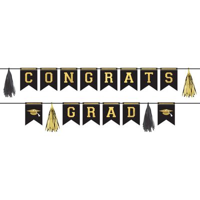 &quot;Congrats Grad&quot; Hanging Garland Banner Decoration, Black/Gold, 12-ft, for Graduation