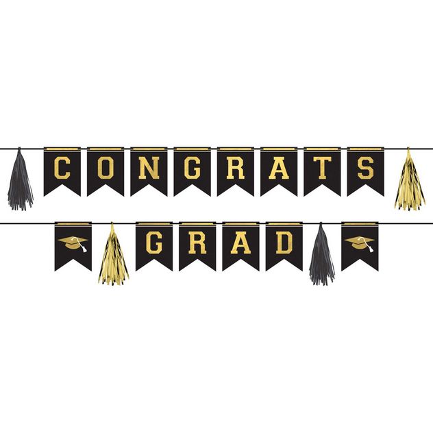&quot;Congrats Grad&quot; Hanging Garland Banner Decoration, Black/Gold, 12-ft, for Graduation