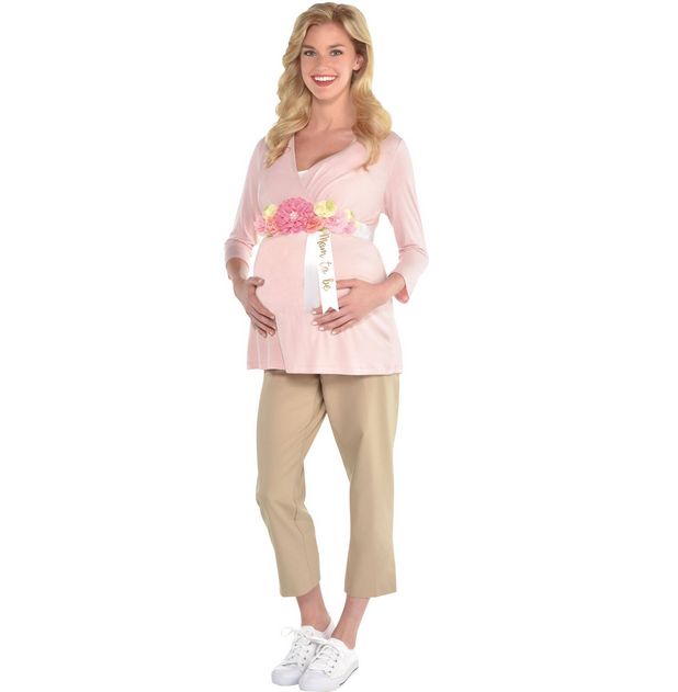 &quot;Mom To Be&quot; Flower Floral Bump Sash, White/Pink, One Size, Wearable Accessory for Baby Shower