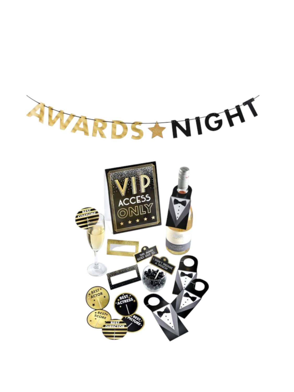 Awards Night &quot;VIP Access&quot; Room &amp; Table Centerpiece Decorating Kit with Food Cards &amp; Banner, Black/Gold, 15-in, 14-pk, for Movie/Awards/Oscar Party