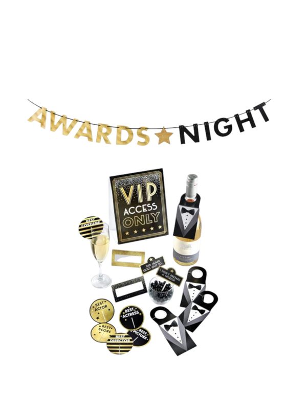 Awards Night &quot;VIP Access&quot; Room &amp; Table Centerpiece Decorating Kit with Food Cards &amp; Banner, Black/Gold, 15-in, 14-pk, for Movie/Awards/Oscar Party