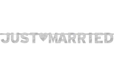 &quot;Just Married&quot; Hanging Garland Banner Decoration, Silver, 5.5-ft