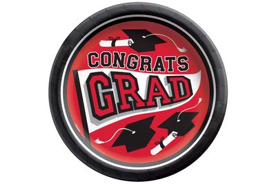&quot;Congrats Grad&quot; Round Paper Disposable Lunch Plates, Red, 8.5-in, 20-pk