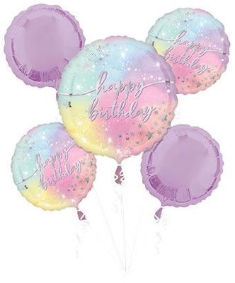 Luminous &quot;Happy Birthday&quot; Round Satin Foil Balloon Bouquet, Purple, 5-pcs, Helium Inflation &amp; Ribbon Included