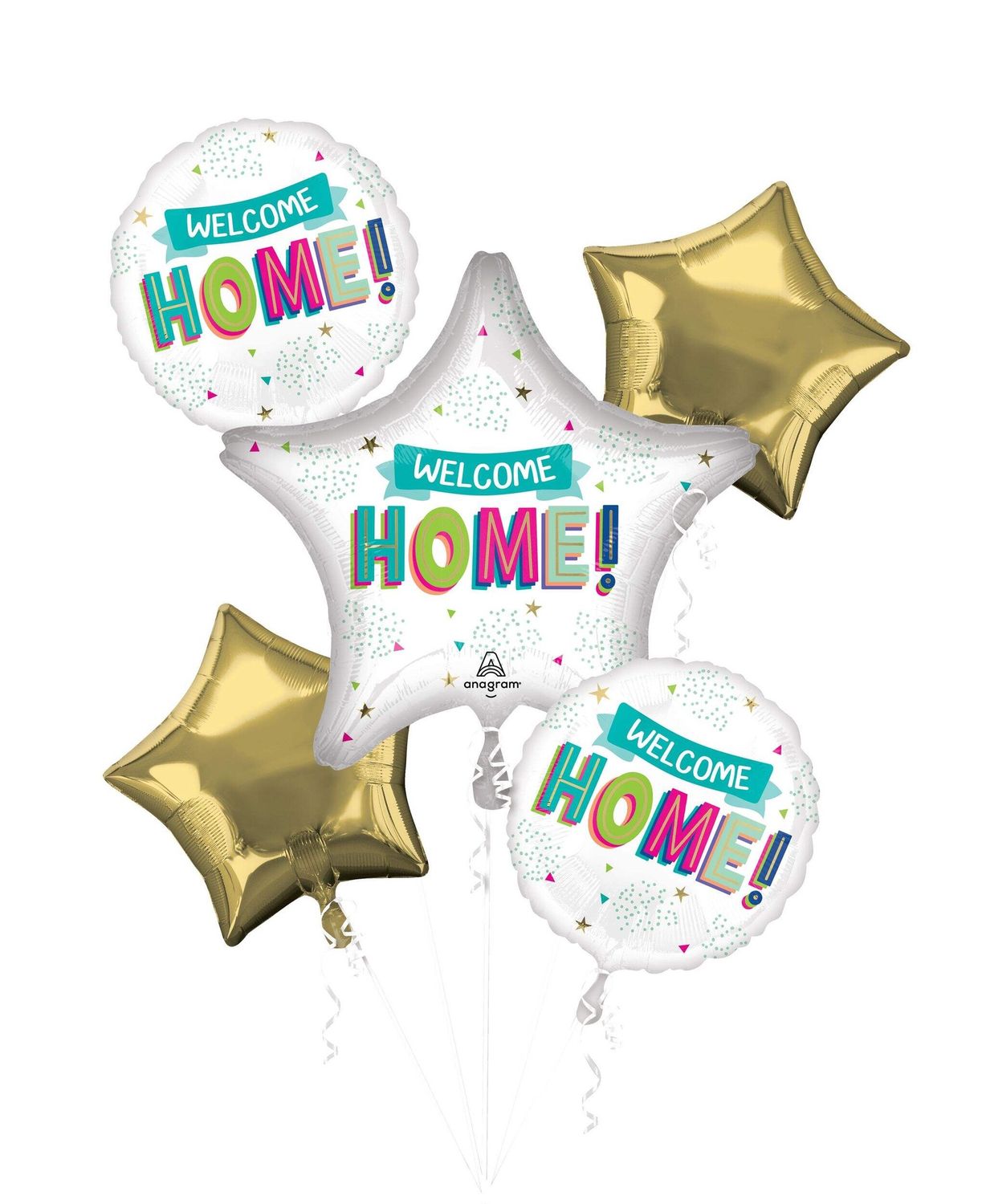 &quot;Welcome Home&quot; Satin Foil Balloon Bouquet, White/Gold, 5-pk, Helium Inflation &amp; Ribbon Included