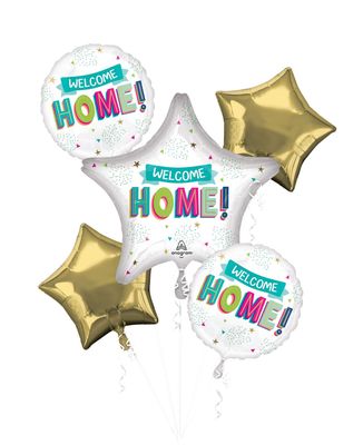 &quot;Welcome Home&quot; Satin Foil Balloon Bouquet, White/Gold, 5-pk, Helium Inflation &amp; Ribbon Included