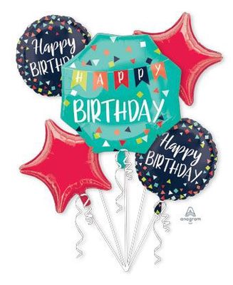 &quot;Happy Birthday&quot; Star/Round Satin Foil Balloon Bouquet, Blue/Red, 5-pk, Helium Inflation &amp; Ribbon Included