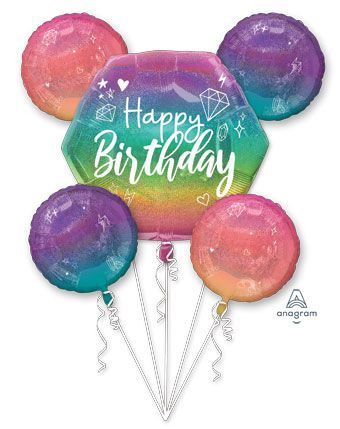 Sparkle &quot;Happy Birthday&quot; Octagon/Round Satin Foil Balloon Bouquet, Multi-Coloured, Ombre 5-pk, Helium Inflation &amp; Ribbon Included