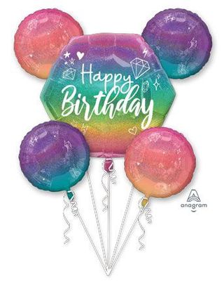Sparkle &quot;Happy Birthday&quot; Octagon/Round Satin Foil Balloon Bouquet, Multi-Coloured, Ombre 5-pk, Helium Inflation &amp; Ribbon Included