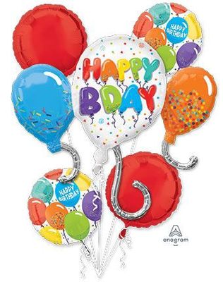 &quot;Happy Birthday&quot; Round Satin Foil Balloon Bouquet, Multi-Coloured, Confetti, 5-pcs, Helium Inflation &amp; Ribbon Included