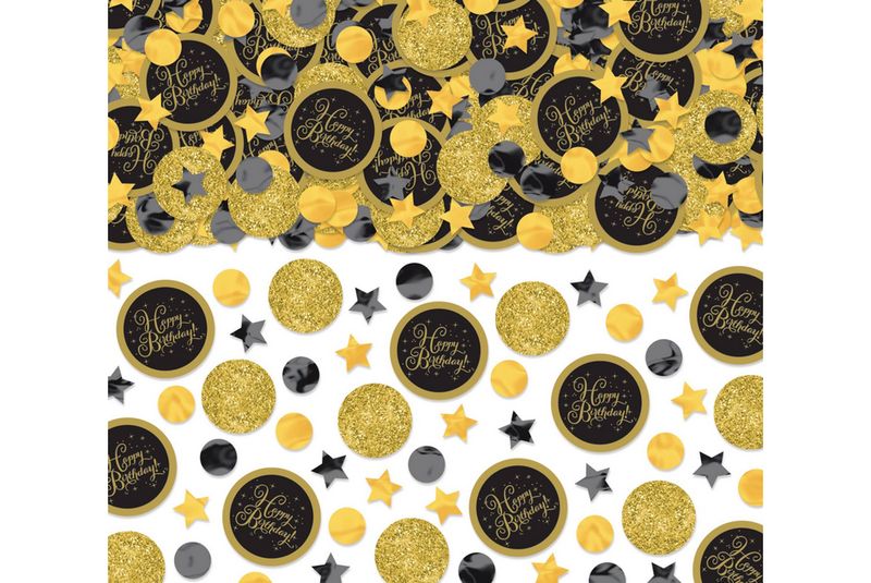 &quot;Happy Birthday&quot; Stars &amp; Circles Glitter Confetti Table Scatter Decoration, Black/Gold, 2.5-oz