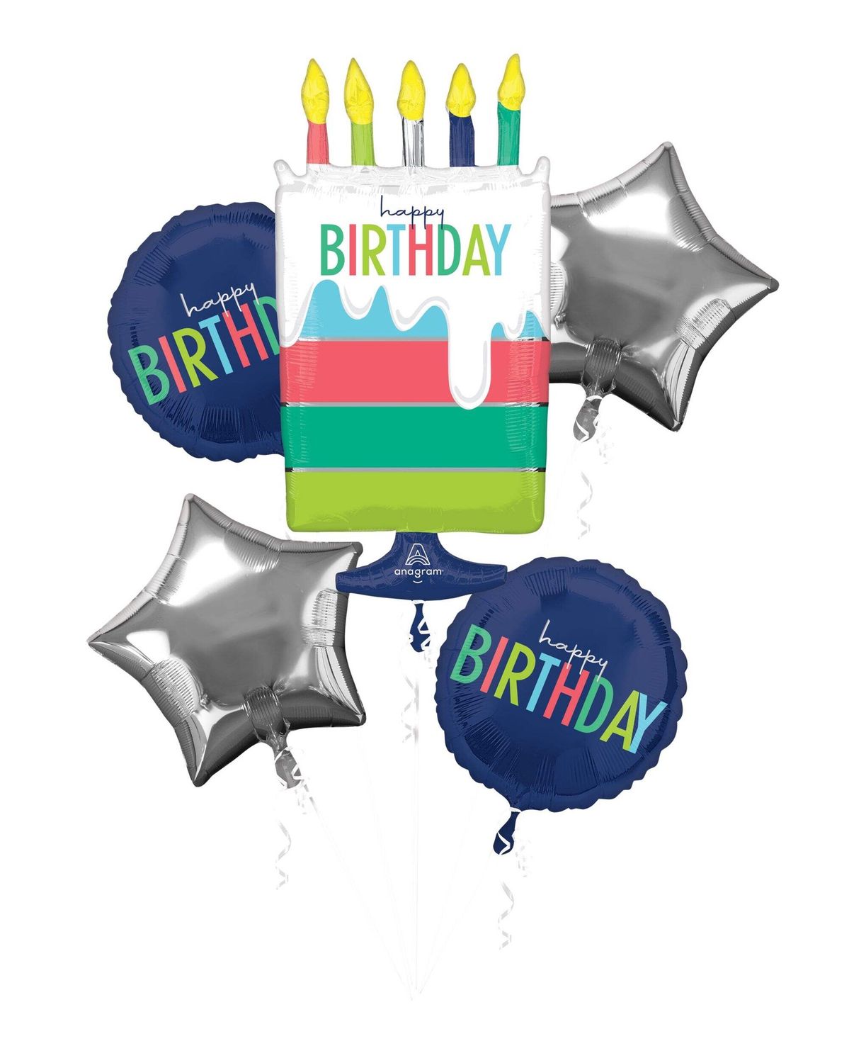 Birthday Cake/Round/Star Satin Foil Balloon Bouquet, Navy Blue/Silver, 5-pk, Helium Inflation &amp; Ribbon Included